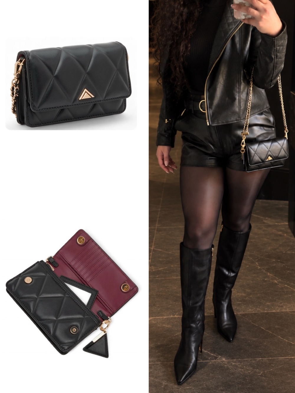 ALDO Fititallx Black Quilted Gold Chain Crossbody Clutch Bag